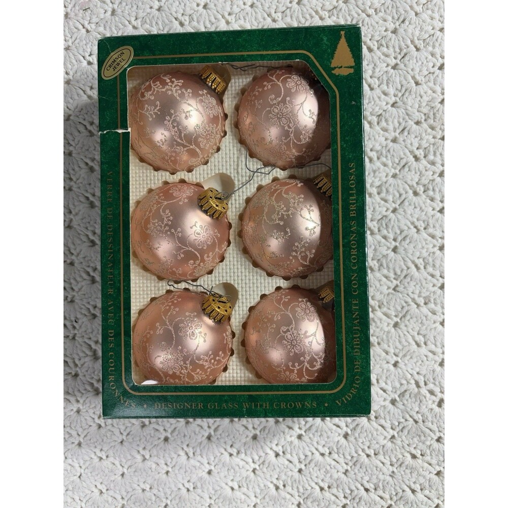 Vtg Krebs Pink Glass Ornaments Gold Glitter Crowns Set of 6 Boxed Baroque 2.5”